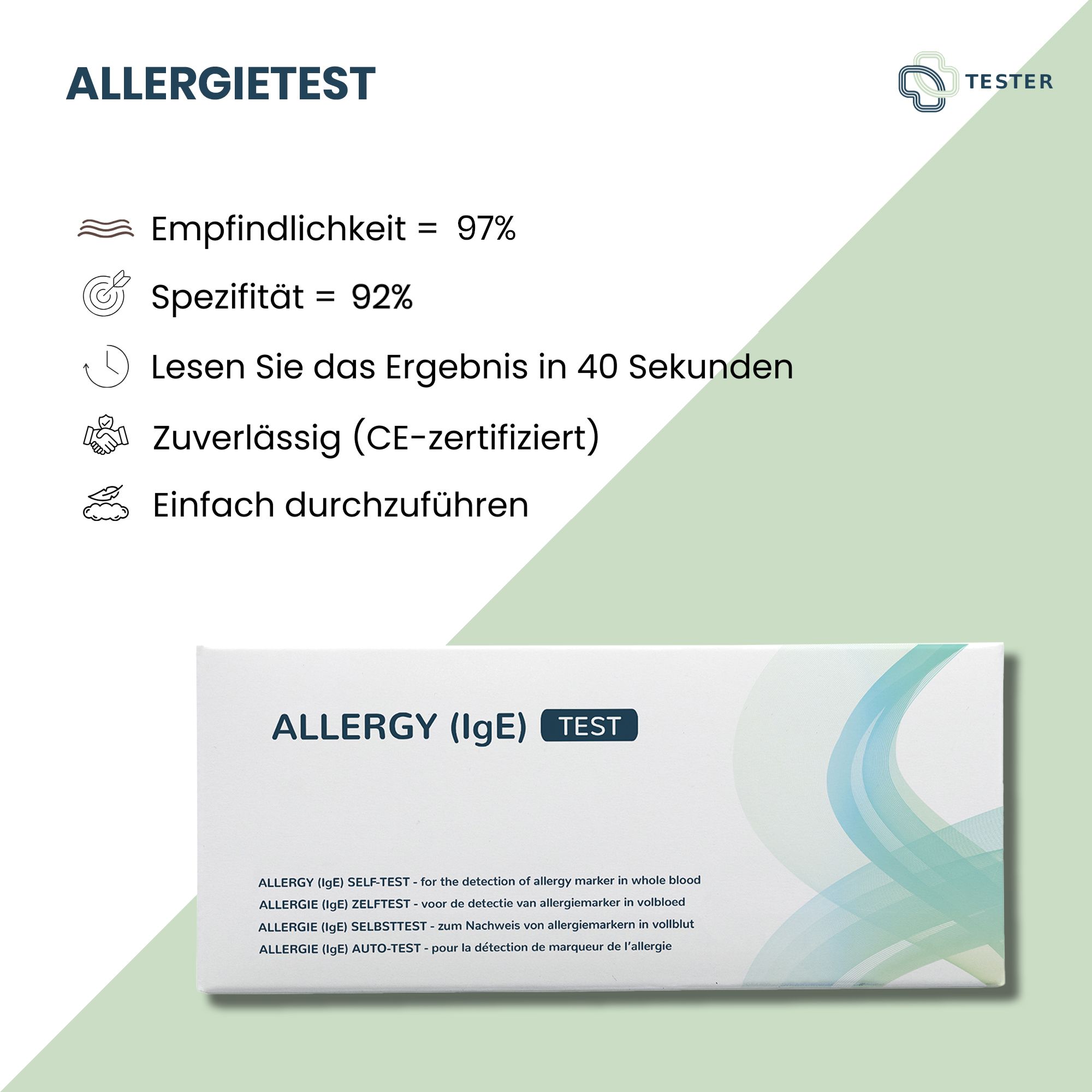Produktverpackung mit Text: Allergietest, Empfindlichkeit 97%, Spezifität 92%, Ergebnis in 40 Sekunden, CE-zertifiziert.