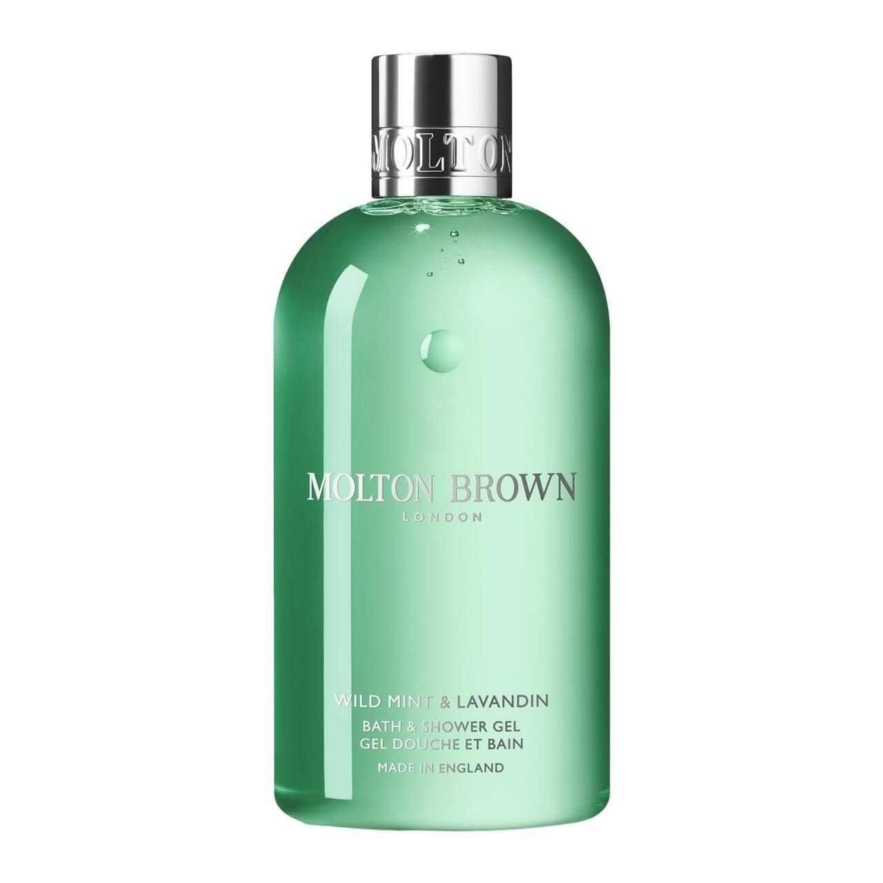 Grüne Flasche Molton Brown Wild Mint & Lavandin Bade- & Duschgel mit silbernem Verschluss.