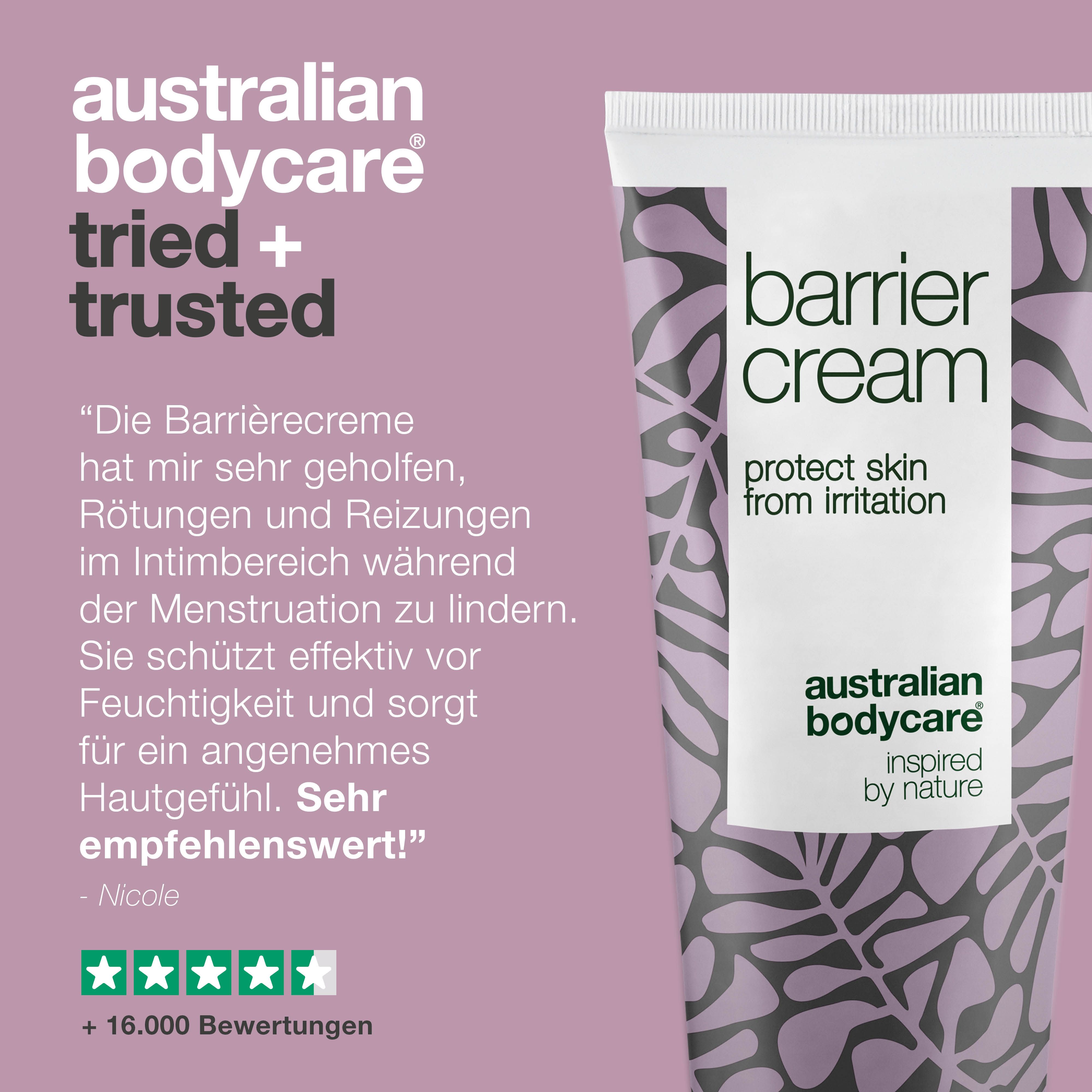 Grafik: Australian Bodycare tried + trusted. Tube Barrier Cream. Aufschrift: protect skin from irritation. Marke: Australian Bodycare.