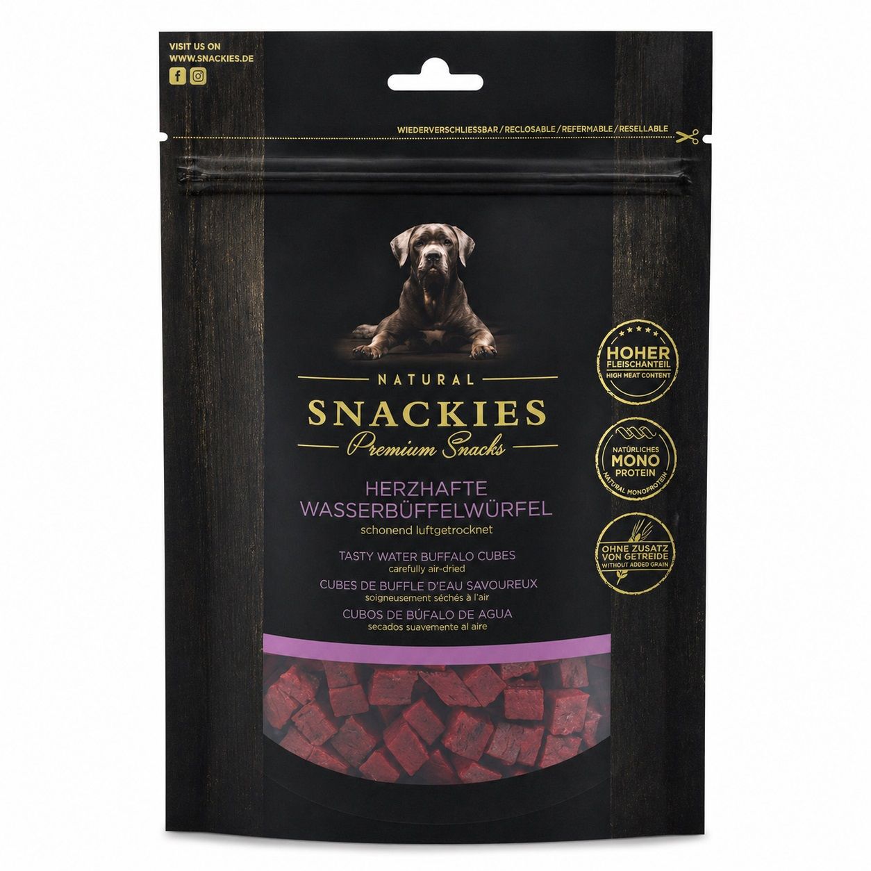 SNACKIES Herzhafte Wasserbüffelwürfel - Single-Protein Snack für Hunde