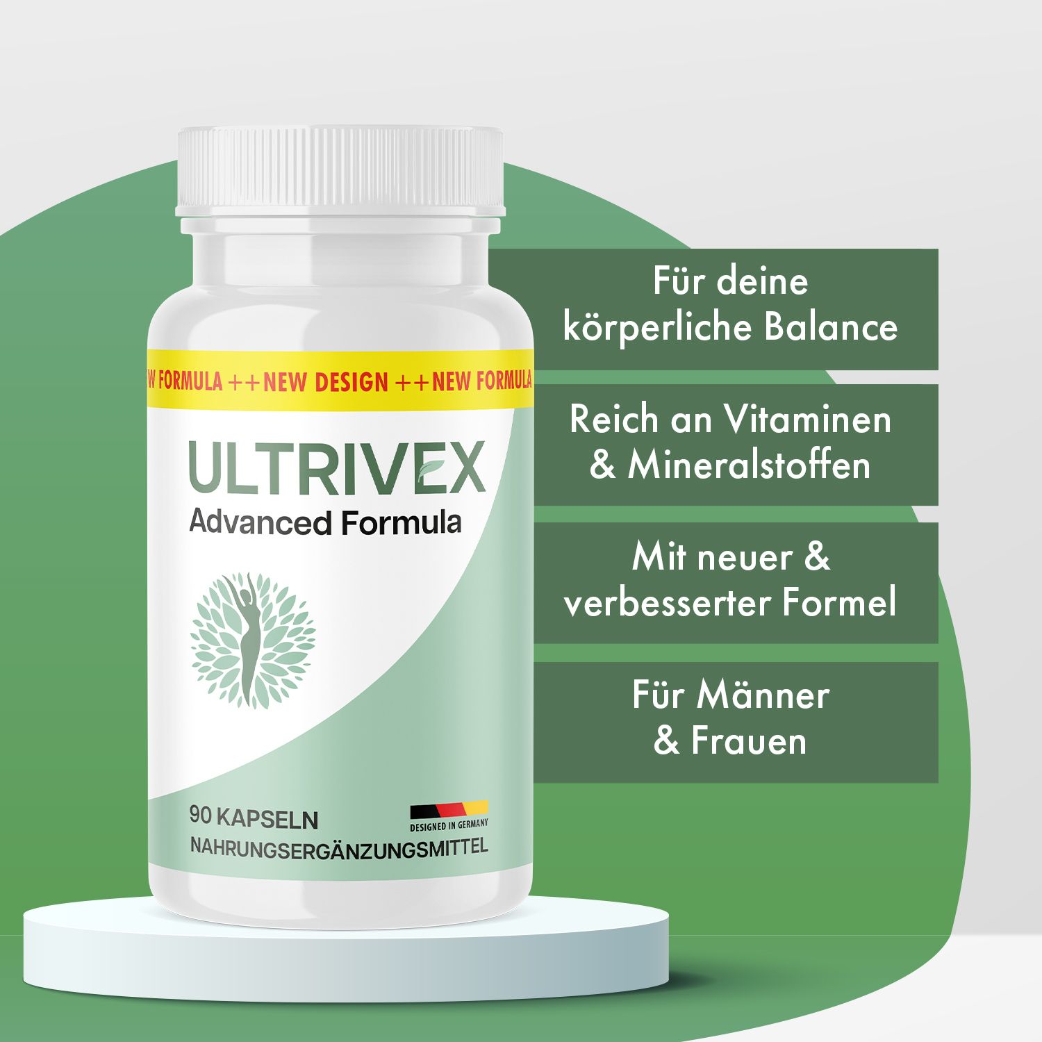 Weiße Flasche mit Kapseln auf Podest. Aufschrift: Ultrivex Advanced Formula. Text: Für körperliche Balance, reich an Vitaminen.