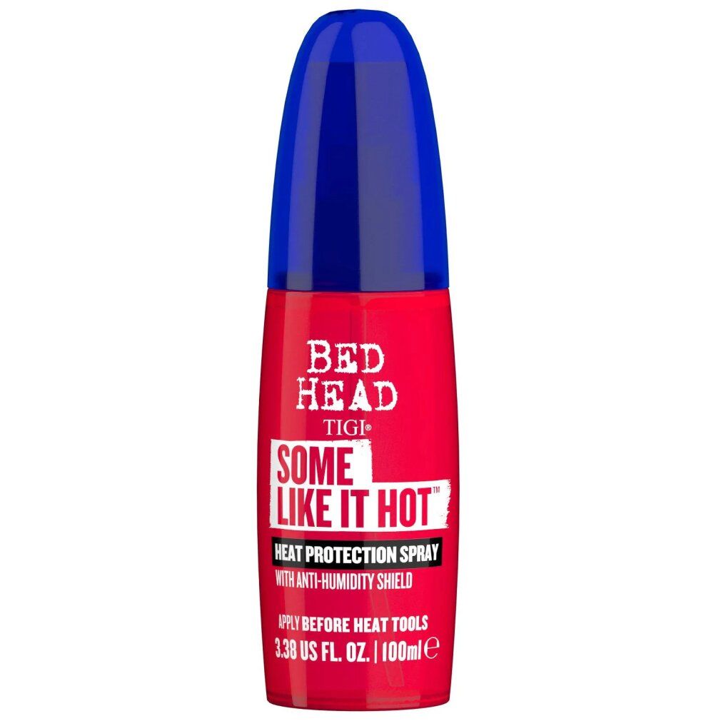 Rote Sprühflasche mit blauem Deckel. Aufschrift: Bed Head Some Like It Hot Heat Protection Spray.