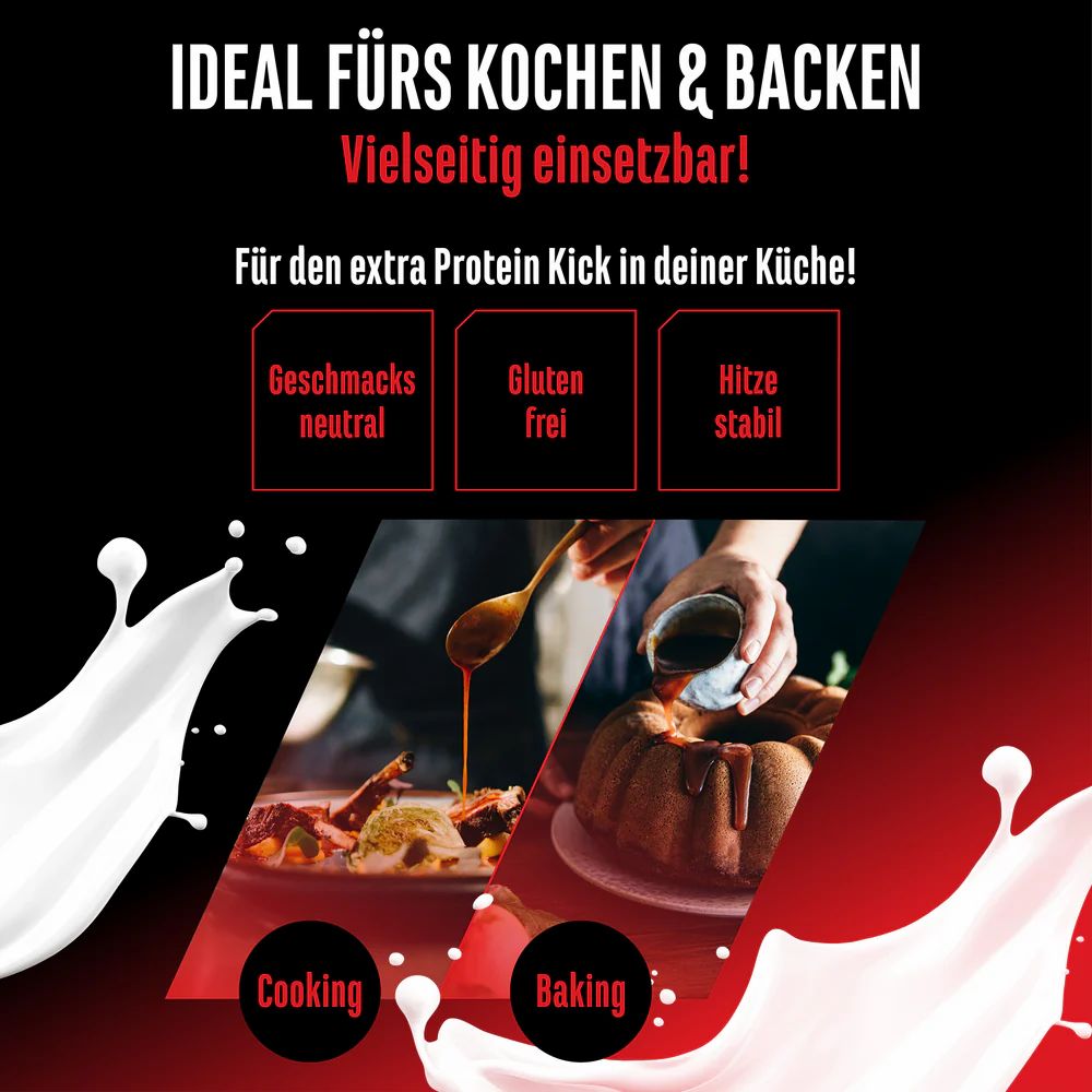 Werbung für GEN Whey Protein Komplex. Text: Ideal fürs Kochen & Backen. Abbildungen von Speisen. Logos: Geschmacksneutral, Glutenfrei, Hitzestabil.