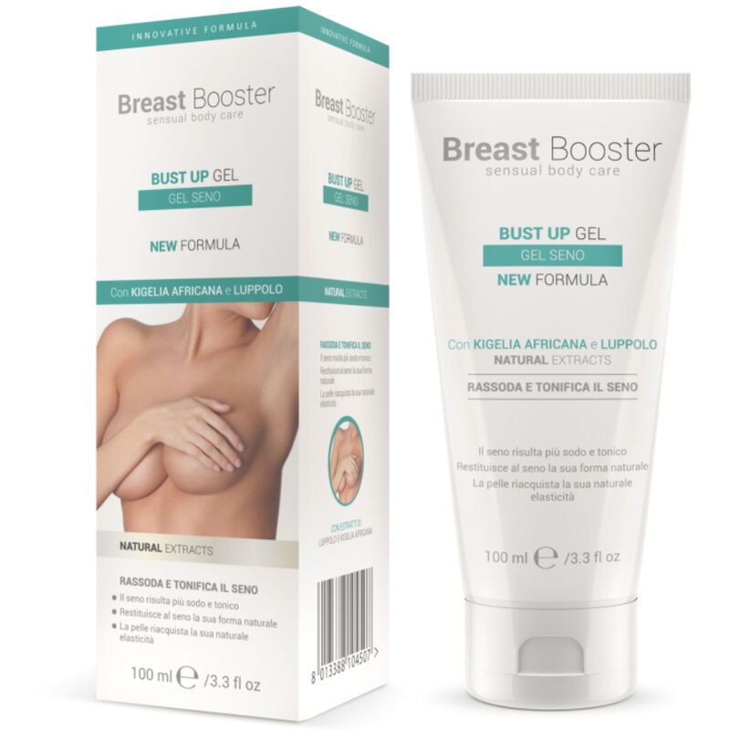 Produktverpackung und Tube. Aufschrift: Breast Booster, Bust Up Gel, Natural Extracts. Abbildung einer Frau.