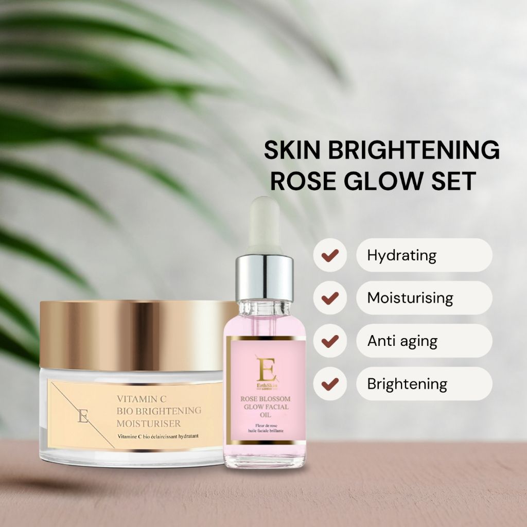 ErthSkin London Rosenblüten-Glow-Gesichtsöl + aufhellende Bio-Feuchtigkeitscreme mit Vitamin C