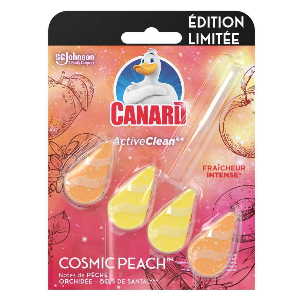 Verpackung mit WC-Reiniger-Blöcken. Enthält drei gelbe und zwei orangefarbene Blöcke. Aufschrift: Canard ActiveClean Cosmic Peach.