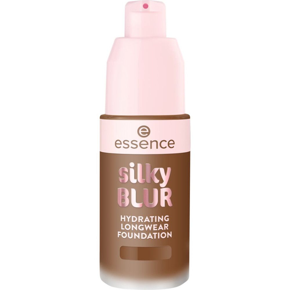 Essence Silky Blur Foundation. Flasche mit rosa Pumpkopf und braunem Korpus. Schriftzug Silky Blur und Hydrating Longwear.