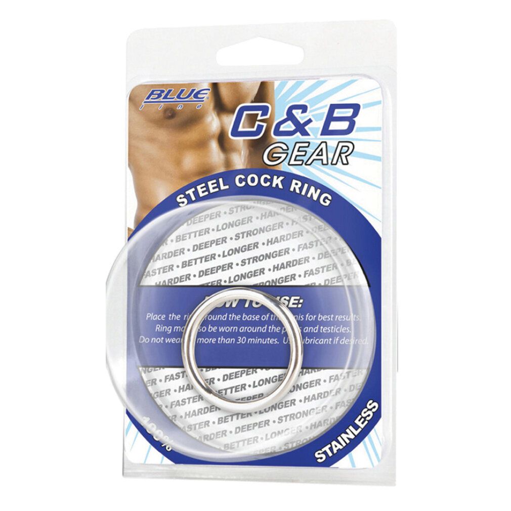 Stahl-Penisring in Verpackung. Verpackung mit Produktname und Text. Edelstahl.