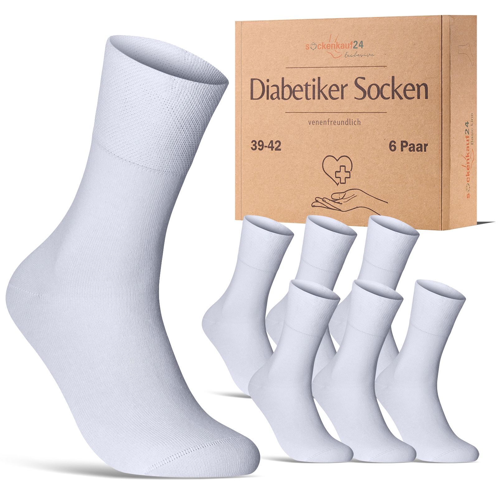 Weiße Diabetiker Socken, 6 Paar, in einer Box. Text: Diabetiker Socken, 39-42. Logo: sockenkauf24.