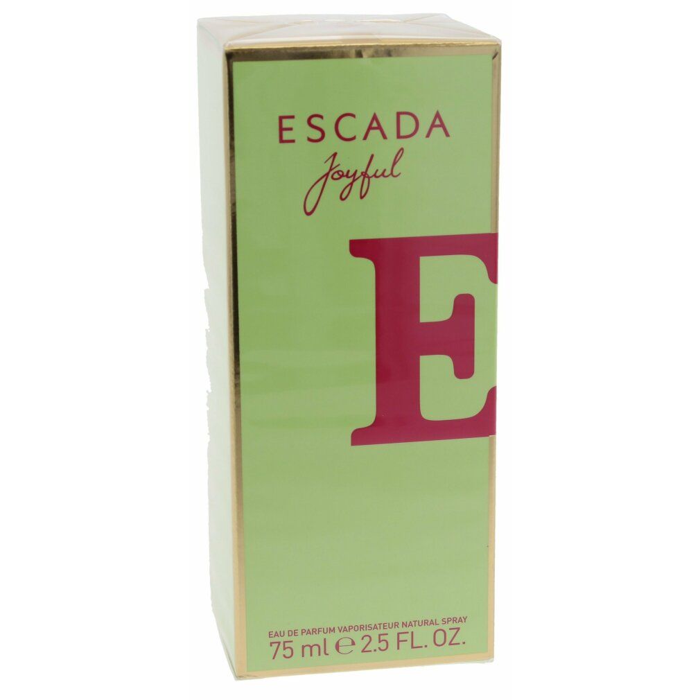 Escada Joyful Eau de Parfum Spray Verpackung. Grüne rechteckige Schachtel mit Schriftzug und großem rosa Buchstaben E.