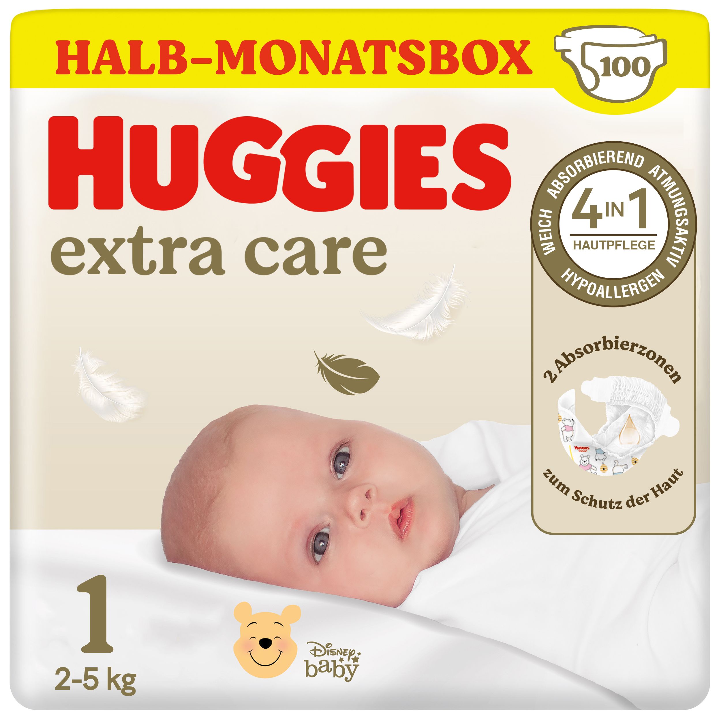 Huggies Extra Care Windeln, Größe 1, Halb-Monatsbox. Verpackung mit Baby, Federn und Winnie Puuh. 100 Stück, 2-5 kg.