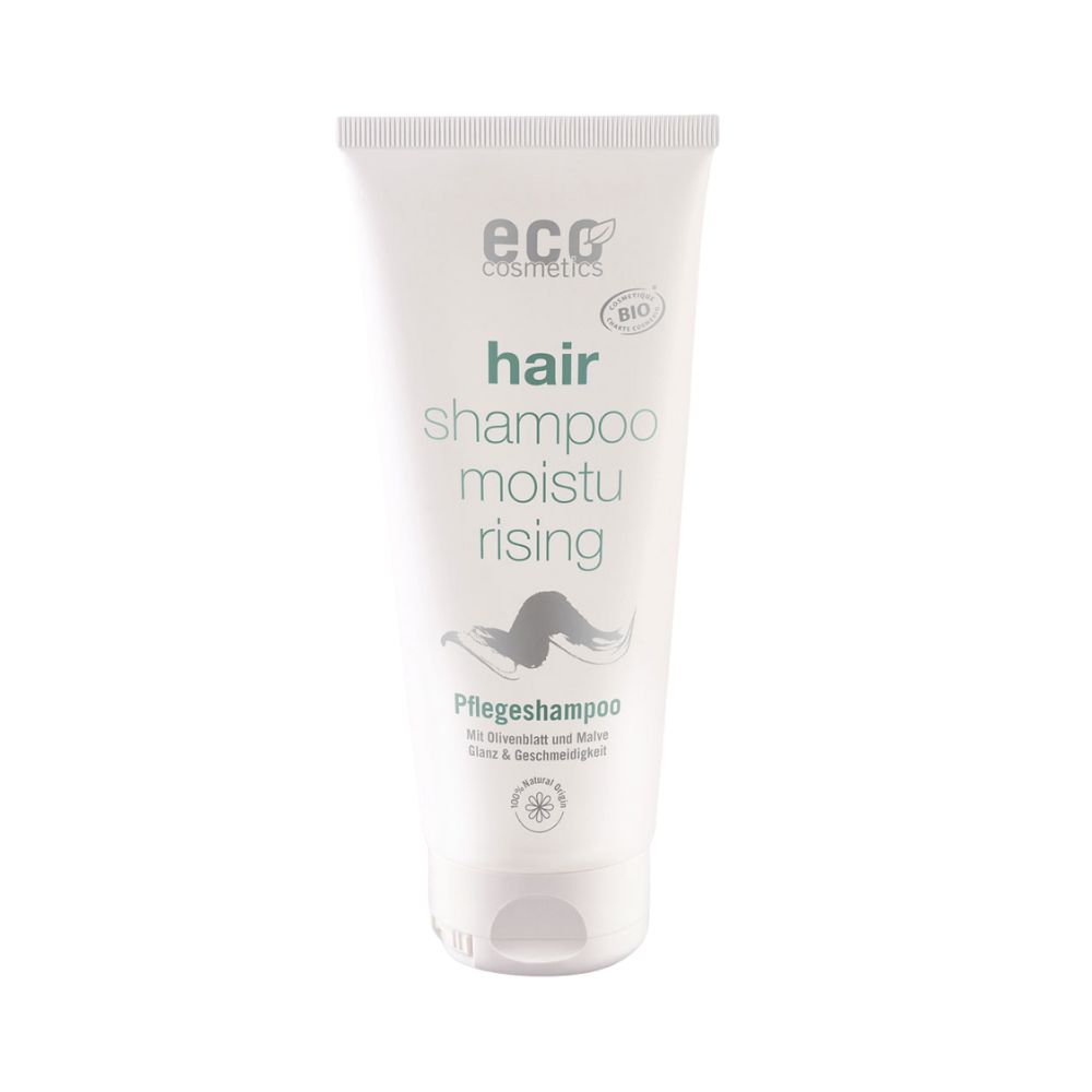 Weiße Tube mit grünem Aufdruck. Beschriftung: "hair shampoo moistu rising". Logo: "eco cosmetics". Bio-Siegel.