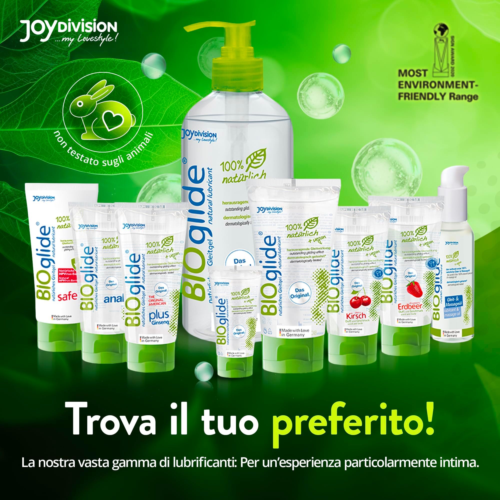 Sortiment von BIOglide Gleitgel Produkten in verschiedenen Flaschen und Tuben.