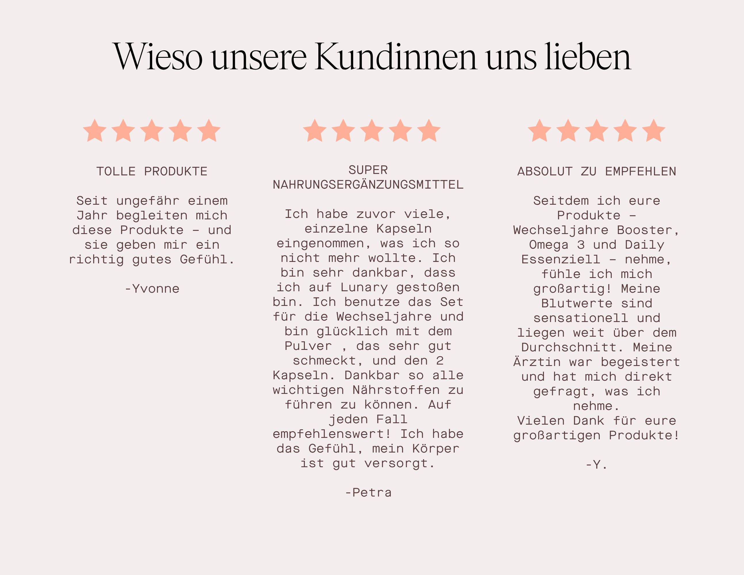Text: Wieso unsere Kundinnen uns lieben. Zitate von Kundinnen. Sternebewertung.