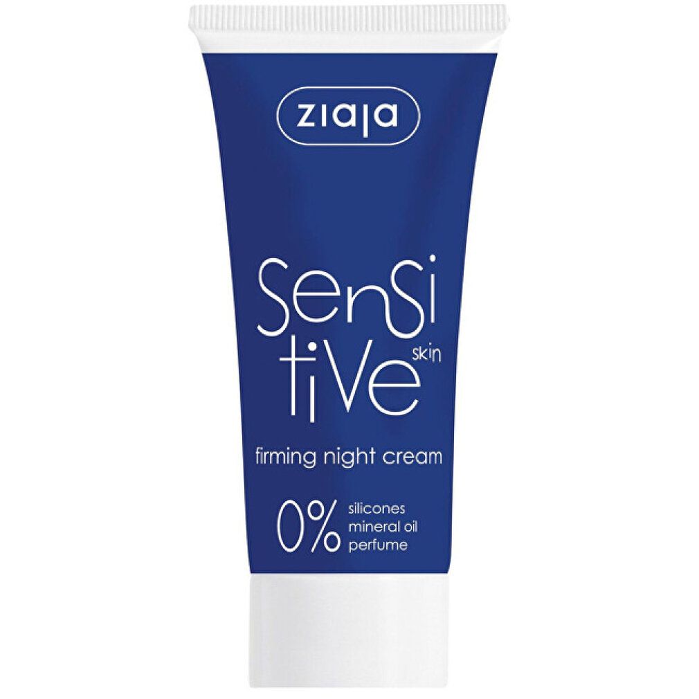 Blaue Tube mit weißem Deckel. Aufschrift: sensitive skin, firming night cream. Marke Ziaja.