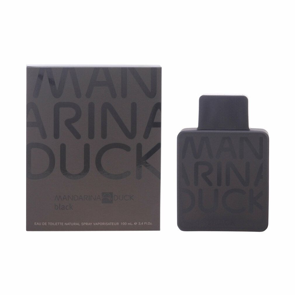 Schwarzer Flakon und Verpackung. Aufschrift: Mandarina Duck Black. Eau de Toilette Spray.