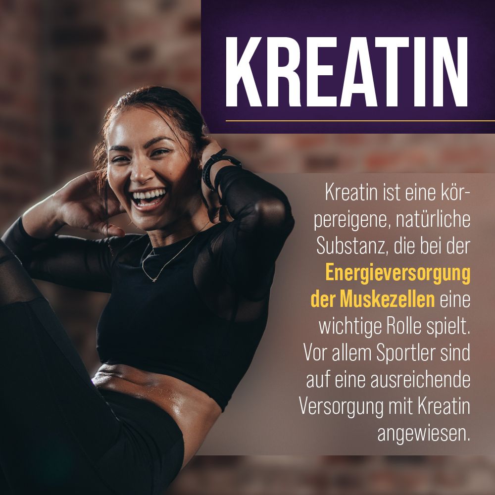 Text mit dem Wort „Kreatin“ vor einem verschwommenen Hintergrund. Eine Frau trainiert im Hintergrund.