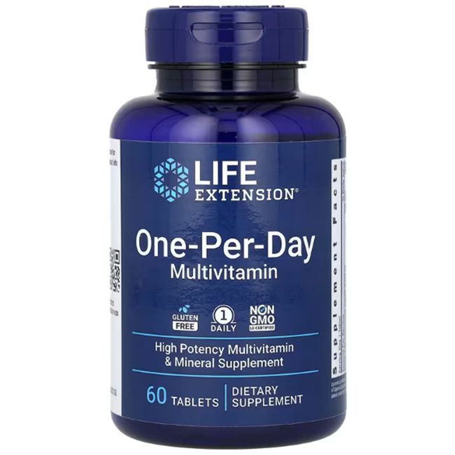 Blaue Flasche mit weißem Etikett. Aufschrift: Life Extension, One-Per-Day Multivitamin. 60 Tabletten.