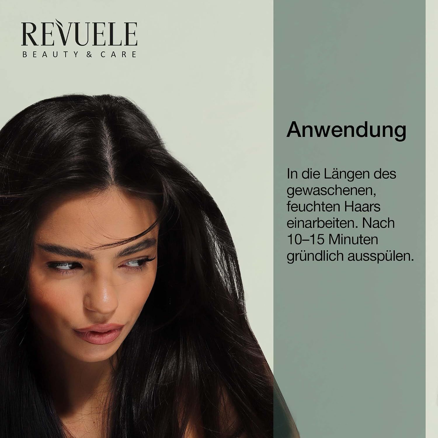 Frau mit langen dunklen Haaren, "REVUELE" Logo, Anwendungshinweise.
