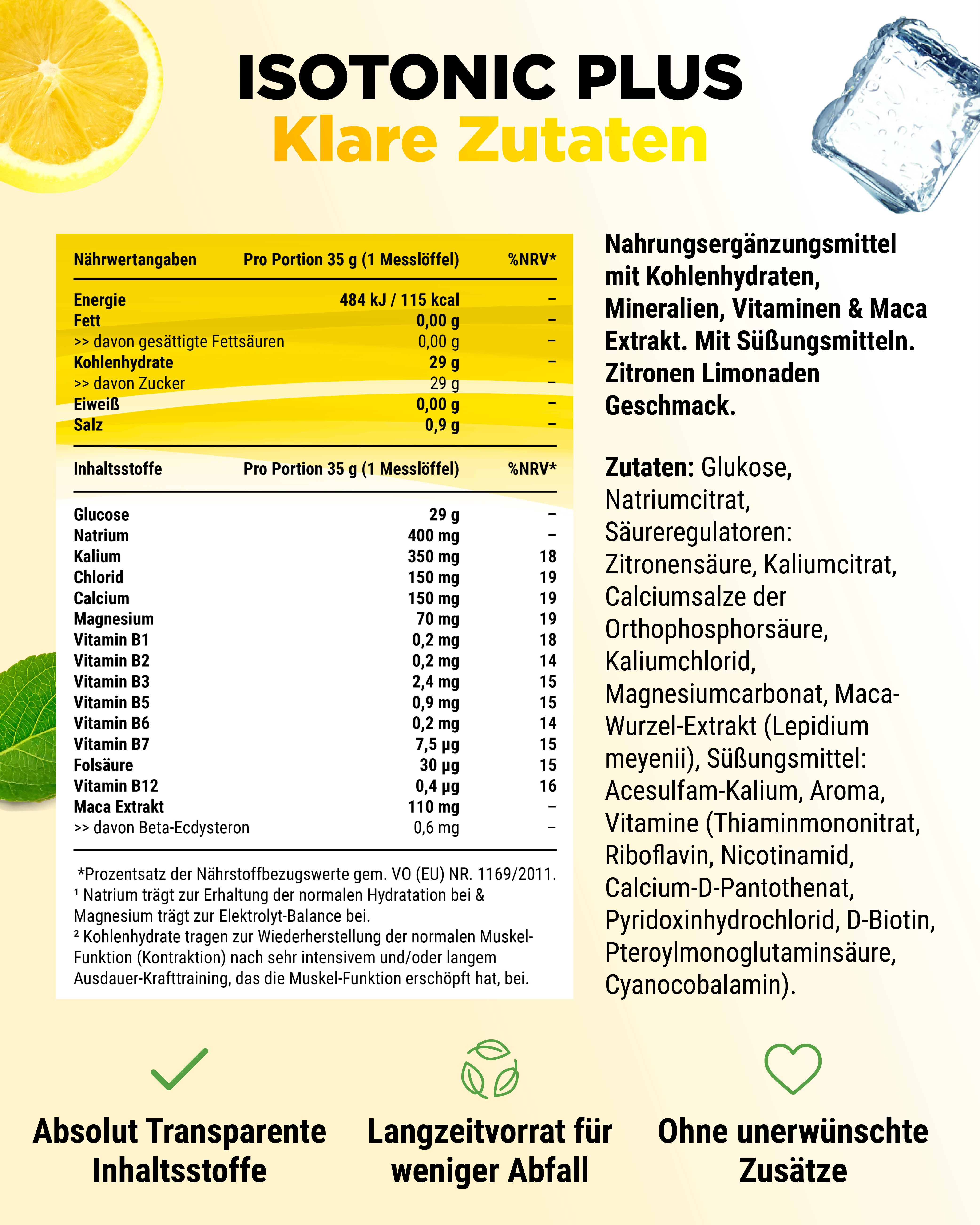 Nährwerttabelle und Zutatenliste. Text: ISOTONIC PLUS, Klare Zutaten. Zitrone und Blatt-Illustrationen.