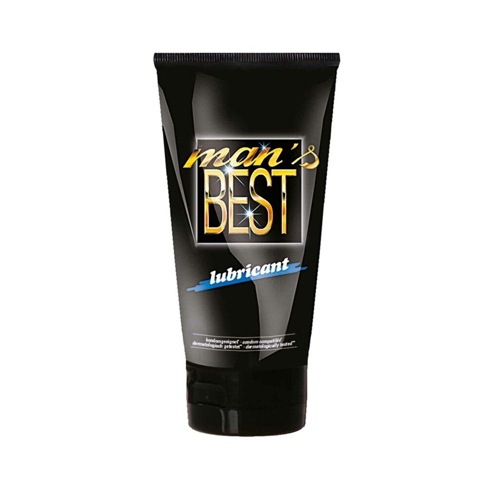 Schwarze Tube mit goldfarbenem Schriftzug "man's BEST lubricant". Unten steht "100% kondomgeeignet".