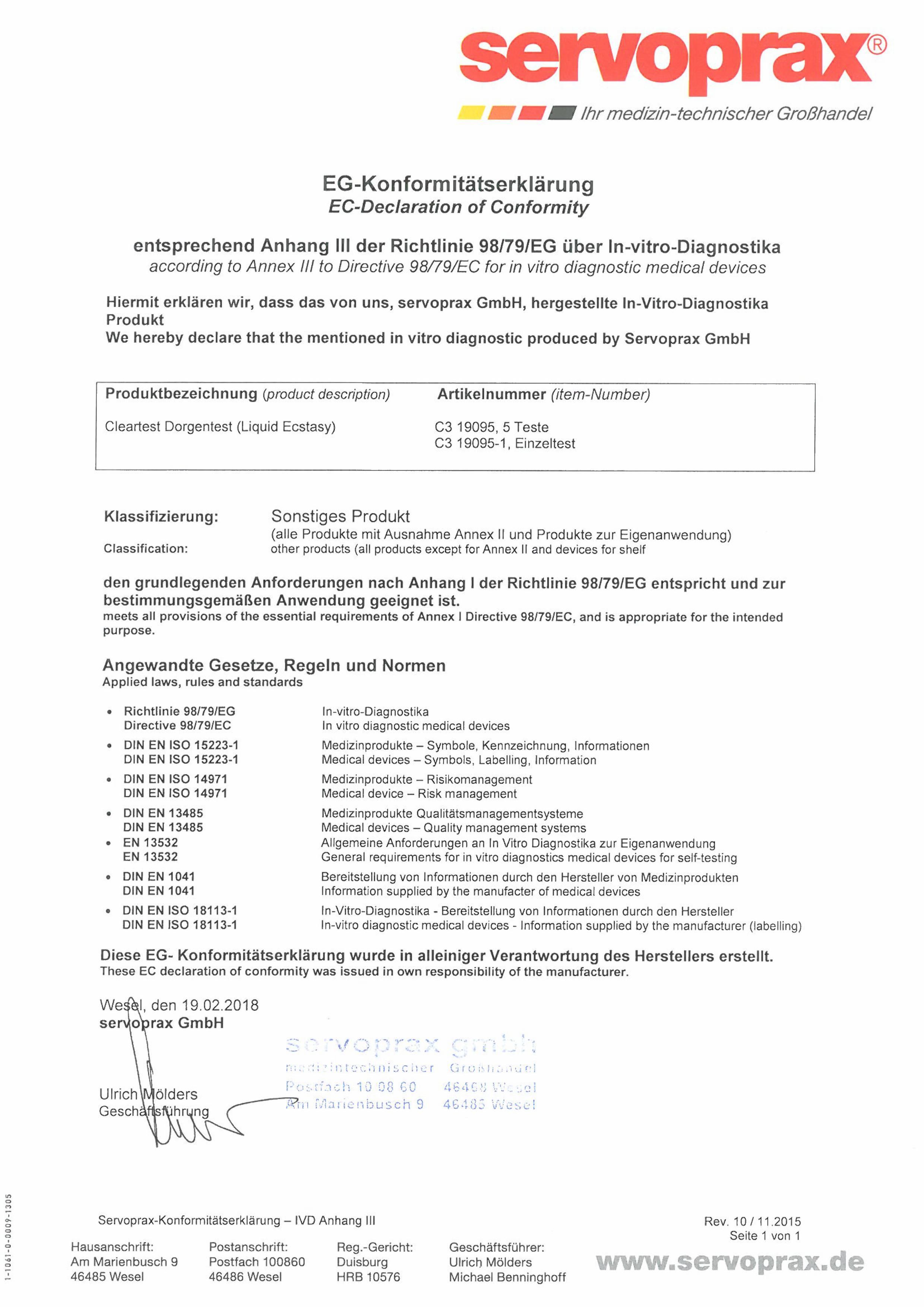 Verpackung von Cleartest Drogentest. Aufschrift: Drug Liquid Ecstasy - Test. Inhalt: 1 Testkassette mit Zubehör.