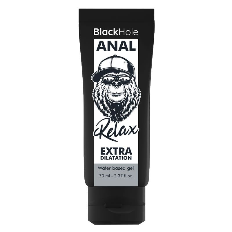 Schwarze Tube mit Produktnamen und "ANAL"-Schriftzug. Abbildung eines Bären mit Sonnenbrille. Text: "EXTRA DILATATION".