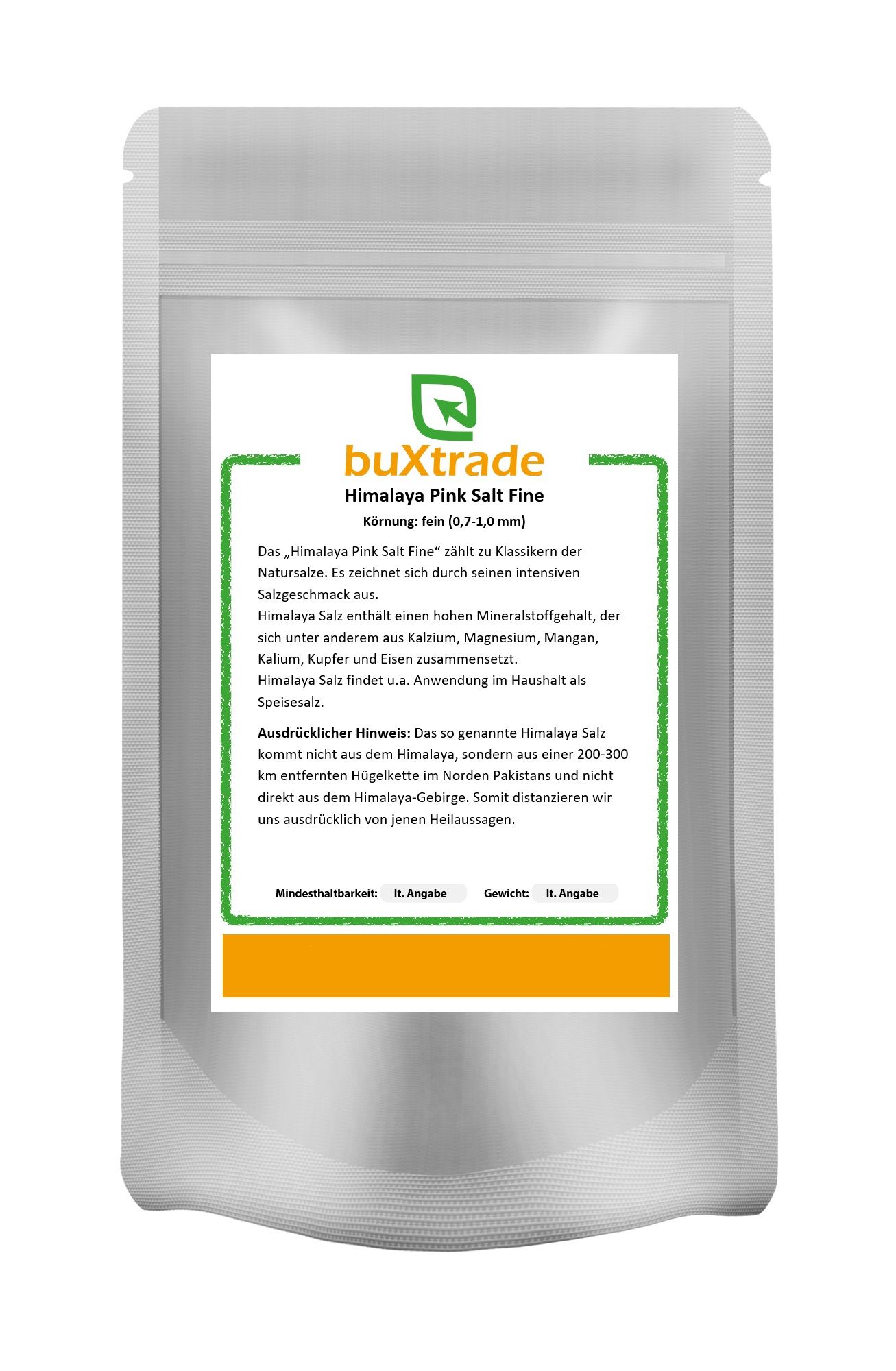 Beutel mit weißem Hintergrund, Produktetikett mit grünem Rahmen und Text: Himalaya Pink Salt Fine, buXtrade Logo.