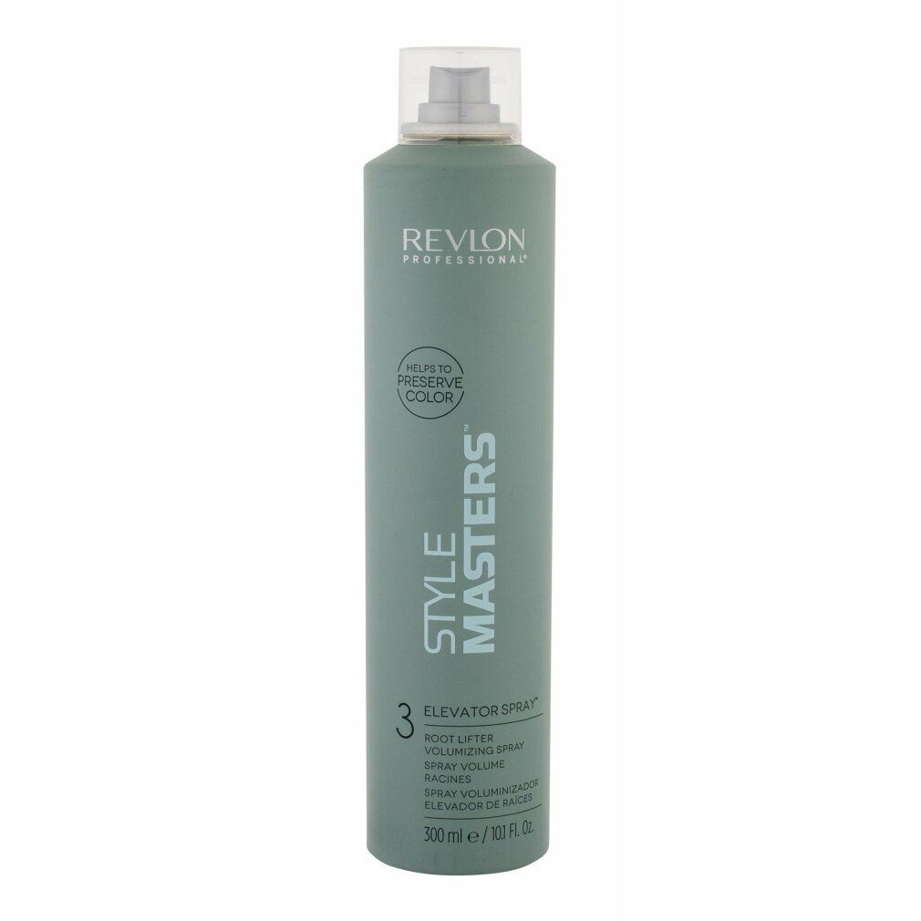 Grüne Sprühflasche mit weißem Sprühkopf. Aufschrift: Revlon, Style Masters, Elevator Spray, Root Lifter. Volumen: 300 ml.