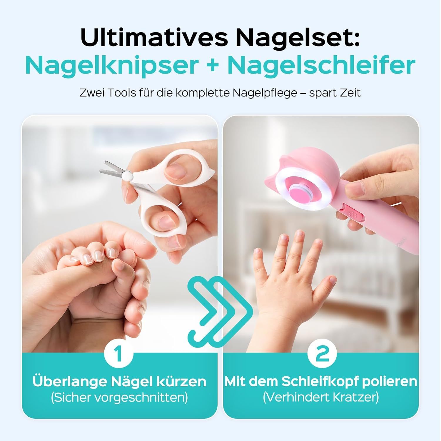 Nagelknipser und Nagelschleifer. Zwei Werkzeuge. Überlange Nägel kürzen. Polieren mit Schleifkopf.