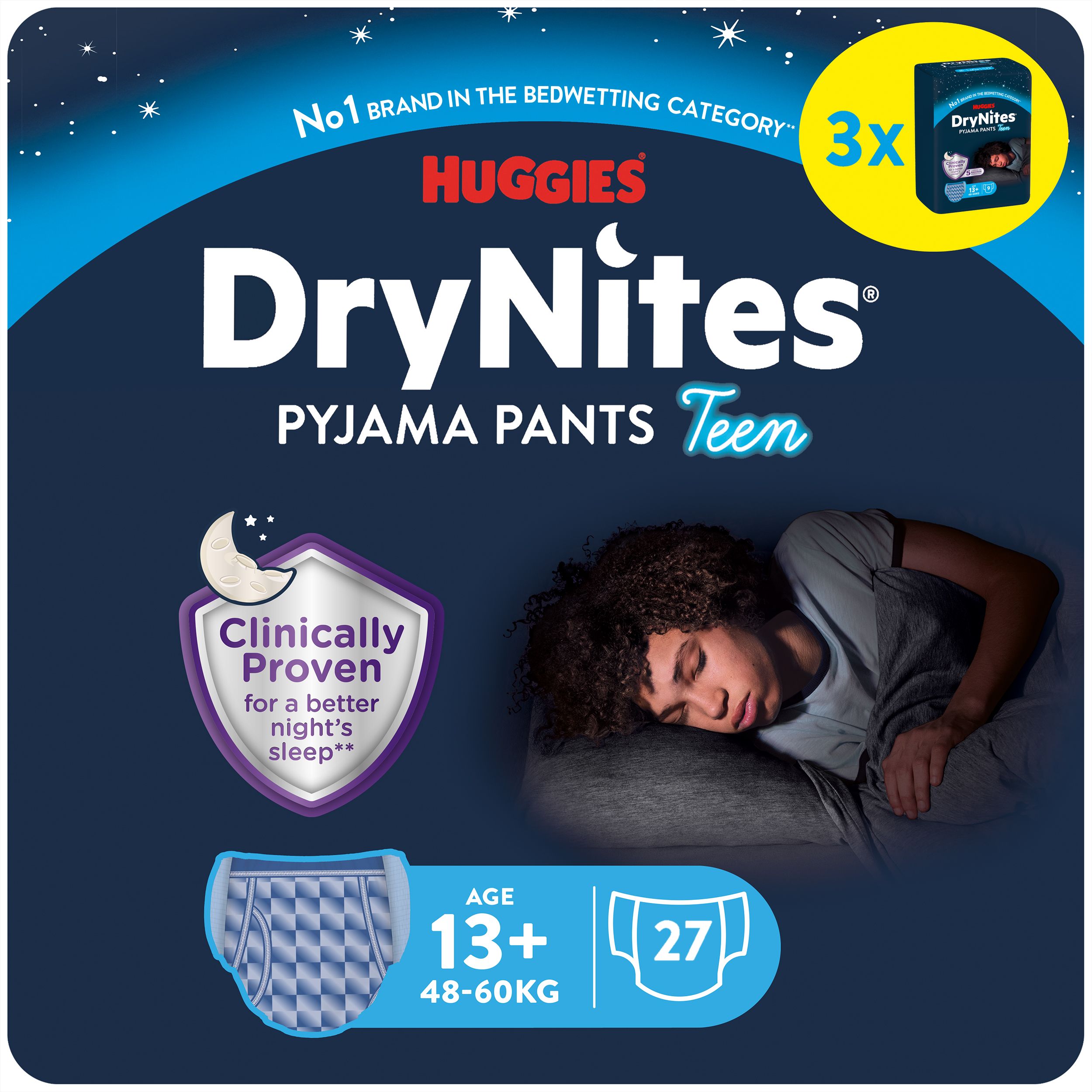 Verpackung Huggies DryNites Pyjama Pants Teen. Alter 13+, 48-60kg. 27 Stück. Abbildung eines schlafenden Jungen. Text: Clinically Proven.