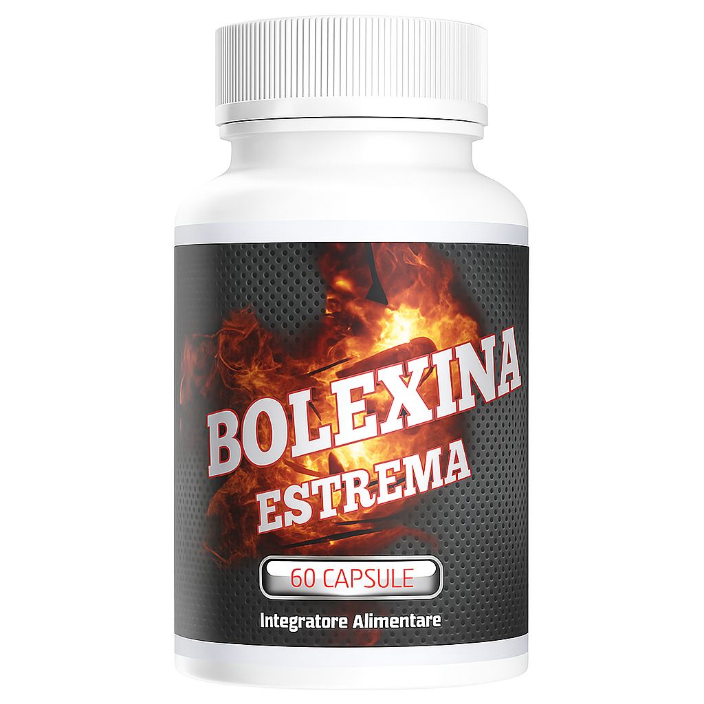Weiße Flasche mit schwarzem Etikett. Aufschrift: BOLEXINA EXTREMA, 60 CAPSULE. Feuer-Grafik. Nahrungsergänzungsmittel.