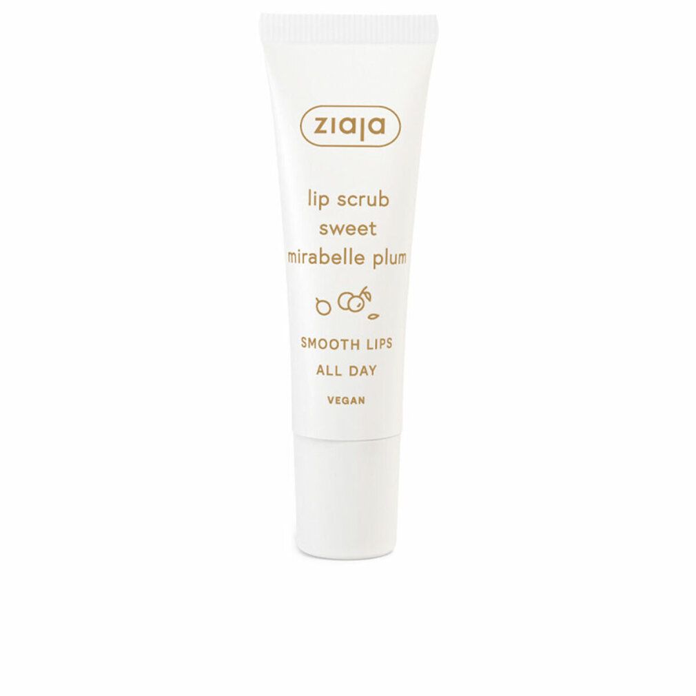 Weiße Tube mit Aufschrift "ziaja lip scrub sweet mirabelle plum". Text: "Smooth Lips All Day", "Vegan".