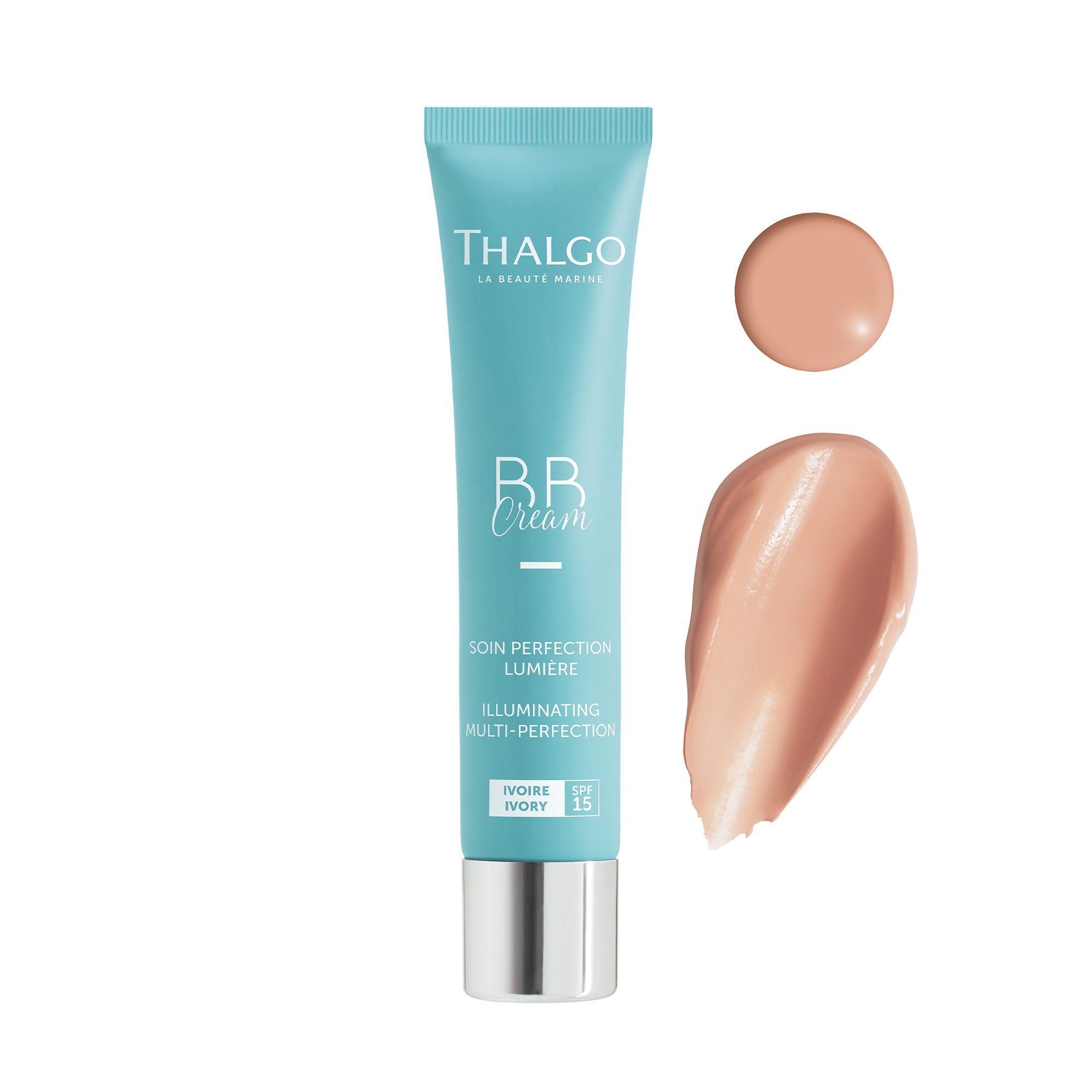 Türkisfarbene Tube THALGO BB Cream. Farbproben daneben. Text: SOIN PERFECTION LUMIERE, SPF 15. Farbton: Ivoire.
