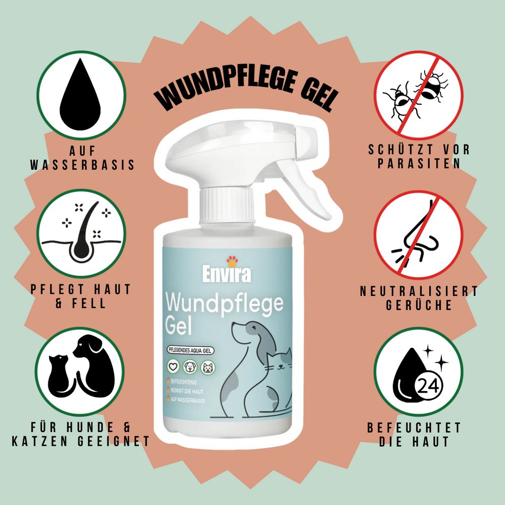 ENVIRA Wundpflege Gel Flasche mit Sprühkopf. Aufschrift: Wundpflege Gel. Illustrationen und Icons. Geeignet für Hunde und Katzen.