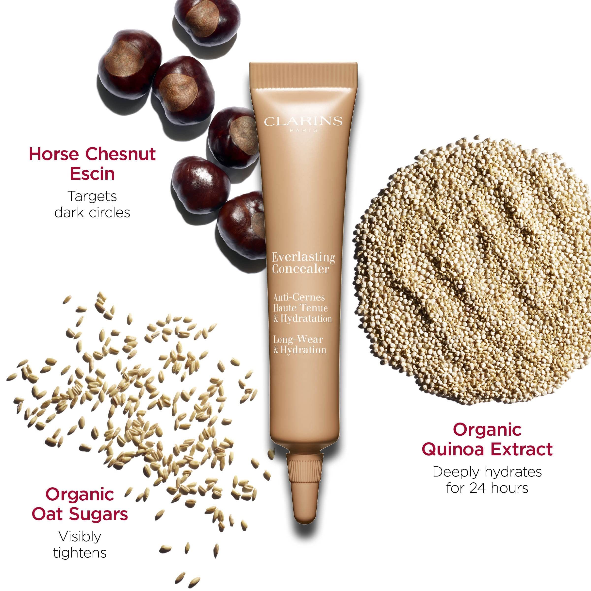 Concealer-Tube, hellbeige. Marke CLARINS. Text: Everlasting Concealer, Anti-Cernes Haute Tenue & Hydratation, Long-Wear & Hydratation.