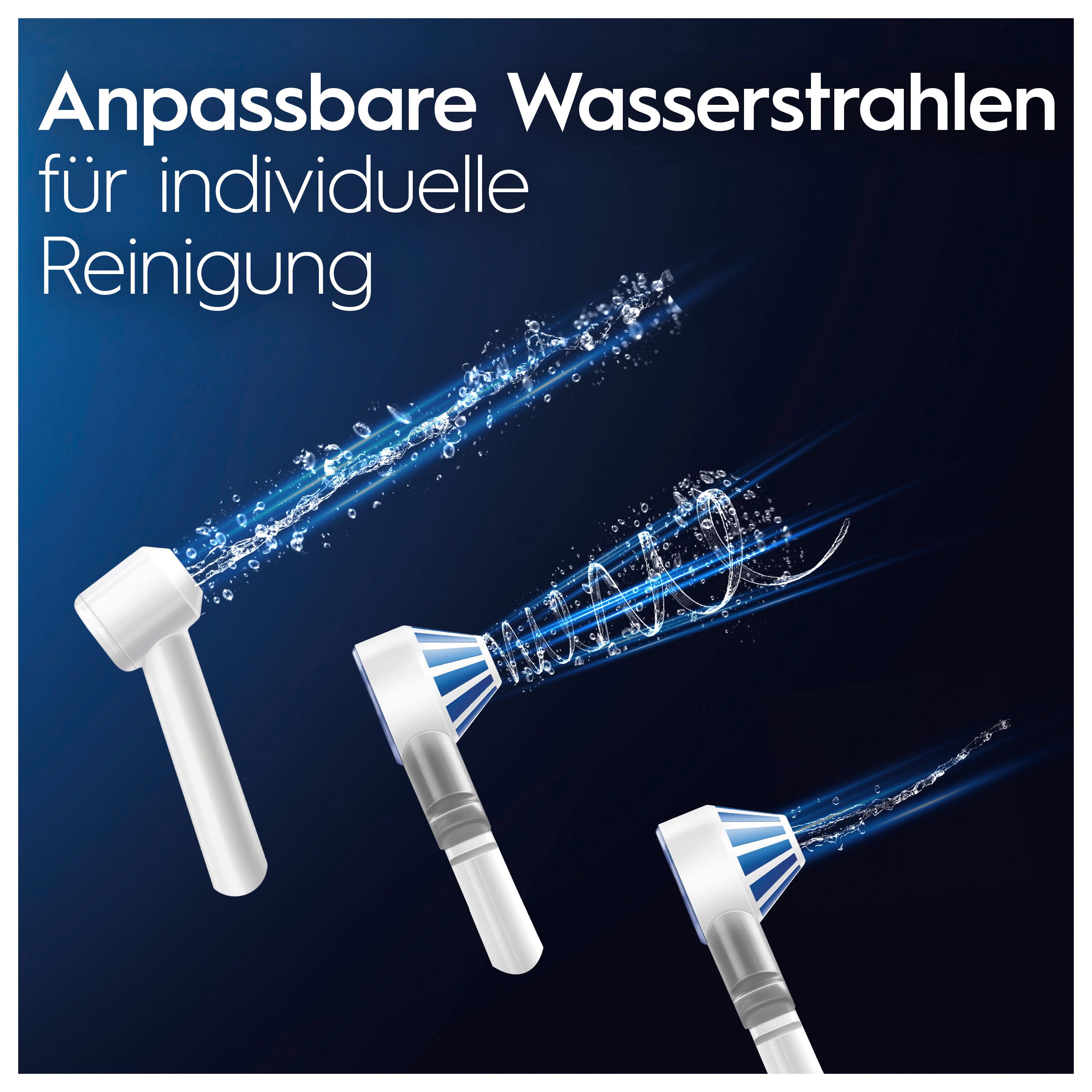 Verschiedene Wasserstrahl-Aufsätze. Text: Anpassbare Wasserstrahlen für individuelle Reinigung. Blaue und weiße Elemente.