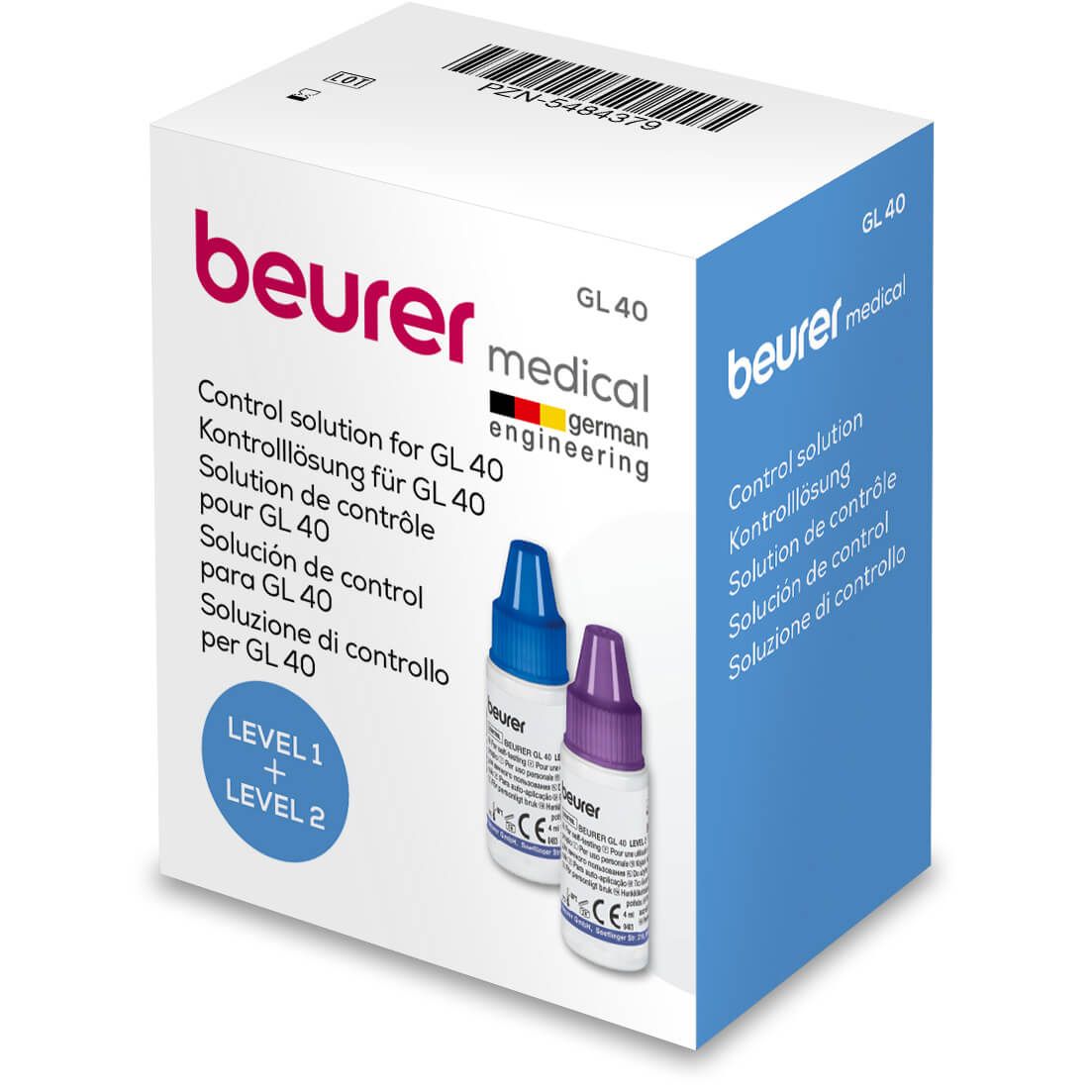 Beurer GL 40 Kontrolllösung. Verpackung mit zwei Flaschen: blau und lila. Aufschrift: Beurer, GL 40, Level 1 + Level 2.