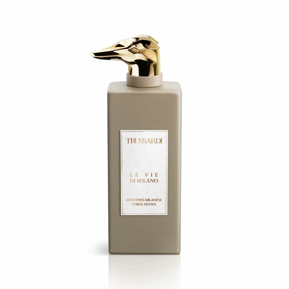 Trussardi Le Vie Di Milano Eau de Parfum Flakon mit goldenem Tierkopf-Verschluss, leichte Schrägansicht.