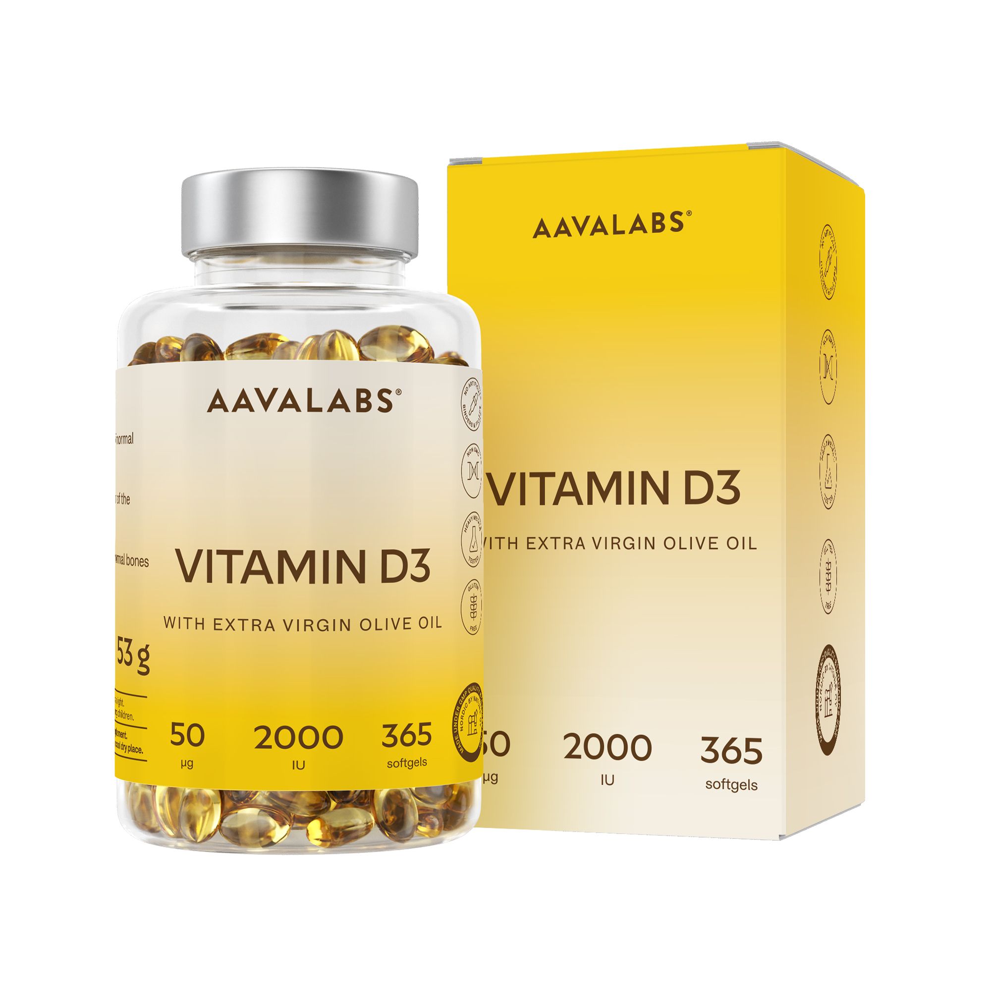 Vitamin D3-Flasche und Schachtel. Aufschrift: AAVALABS, Vitamin D3, 2000 IE, 365 Softgels.