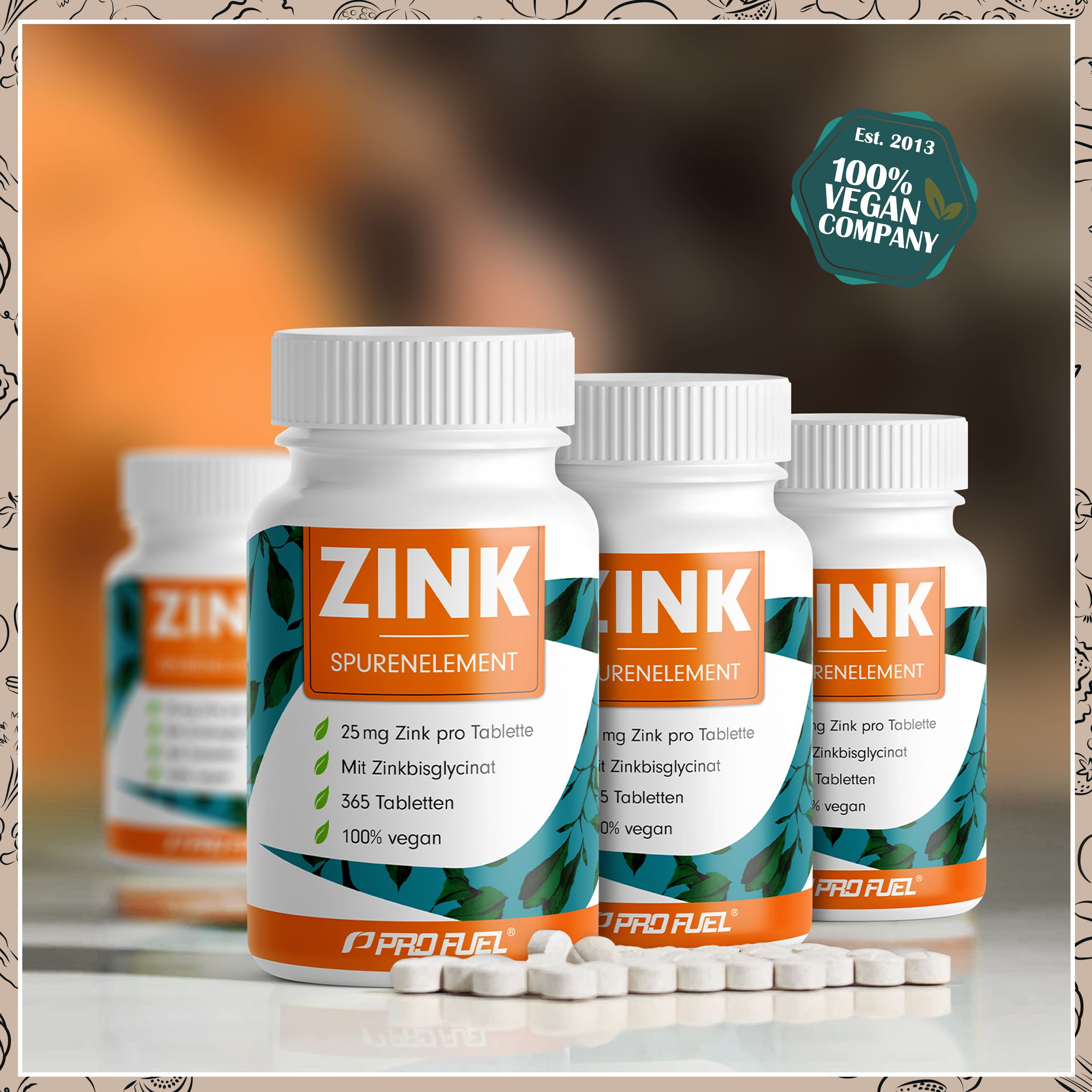 Drei Flaschen "ZINK Spurenelement" mit Tabletten. 365 Tabletten pro Flasche. Vegan-Zertifizierung.