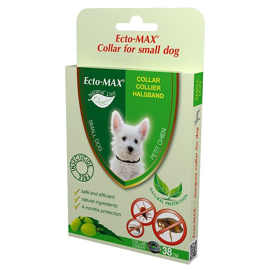 Verpackung eines Floh- und Zeckenhalsbands. Auf der Verpackung ist ein Hund abgebildet. Text: Ecto-MAX, 38 cm.