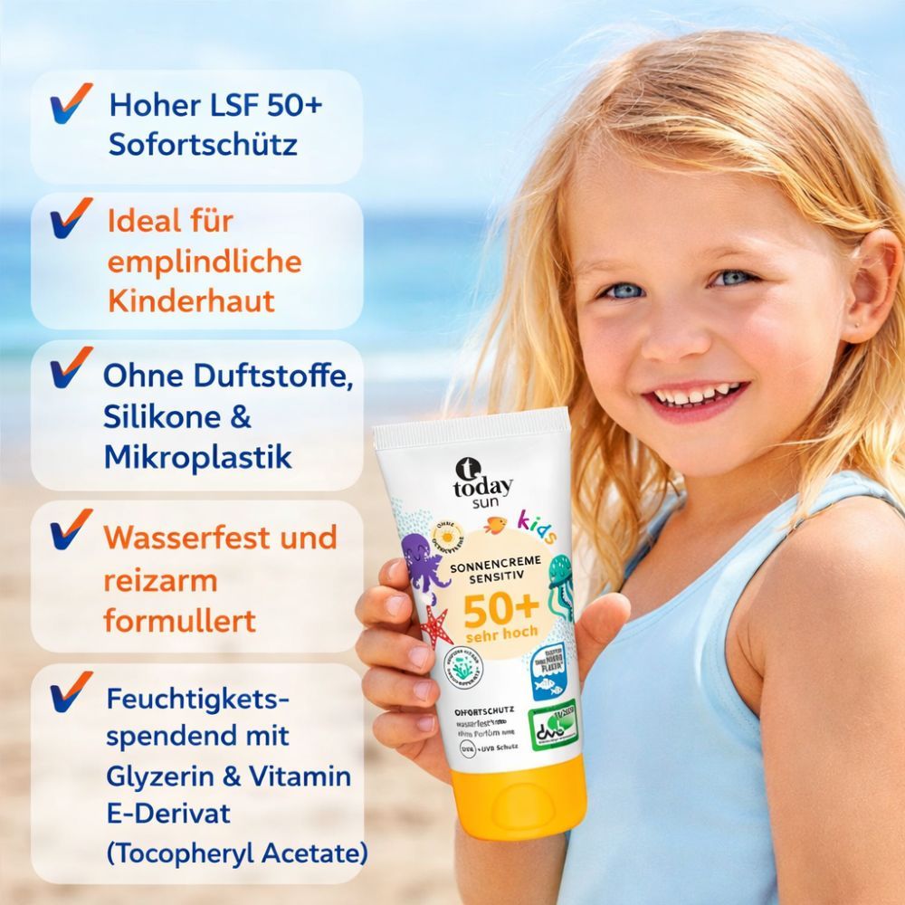 Kind hält Sonnencreme-Tube. Aufschrift: Today Sun Kids Sonnencreme Sensitiv LSF 50+. Text mit Produktvorteilen und Inhaltsstoffen.