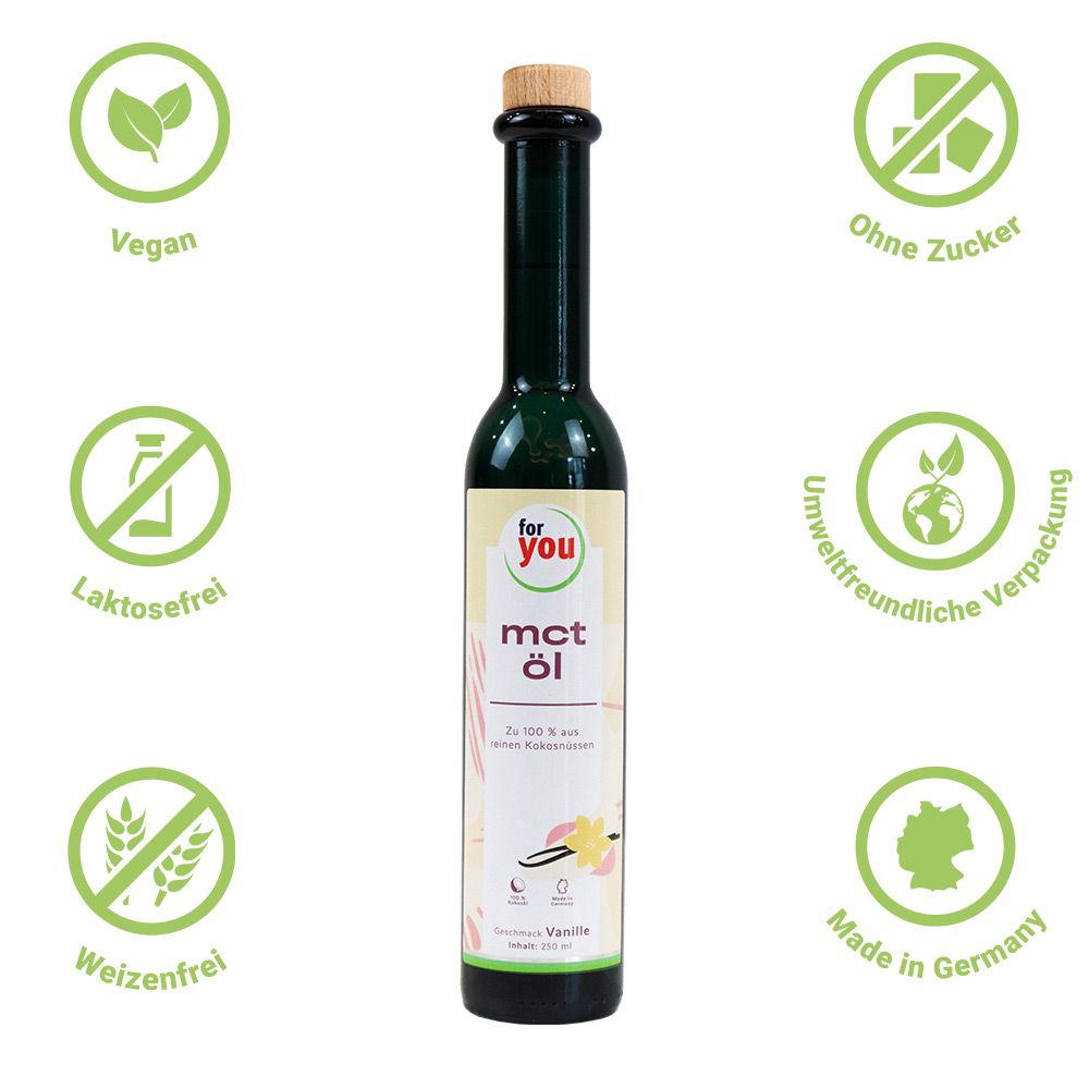 Grüne Glasflasche mit weißem Etikett. Aufschrift: for you mct öl. Mit verschiedenen Siegeln: vegan, laktosefrei, etc.