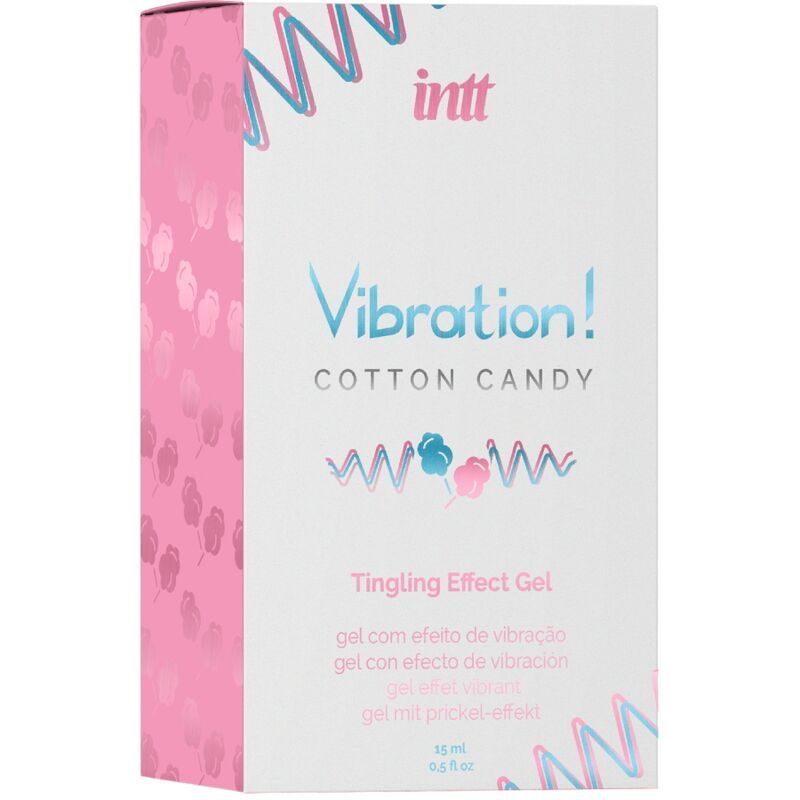 Produktverpackung mit Aufschrift: Vibration! Cotton Candy Tingling Effect Gel. Rosa-weißes Design, Text in mehreren Sprachen.