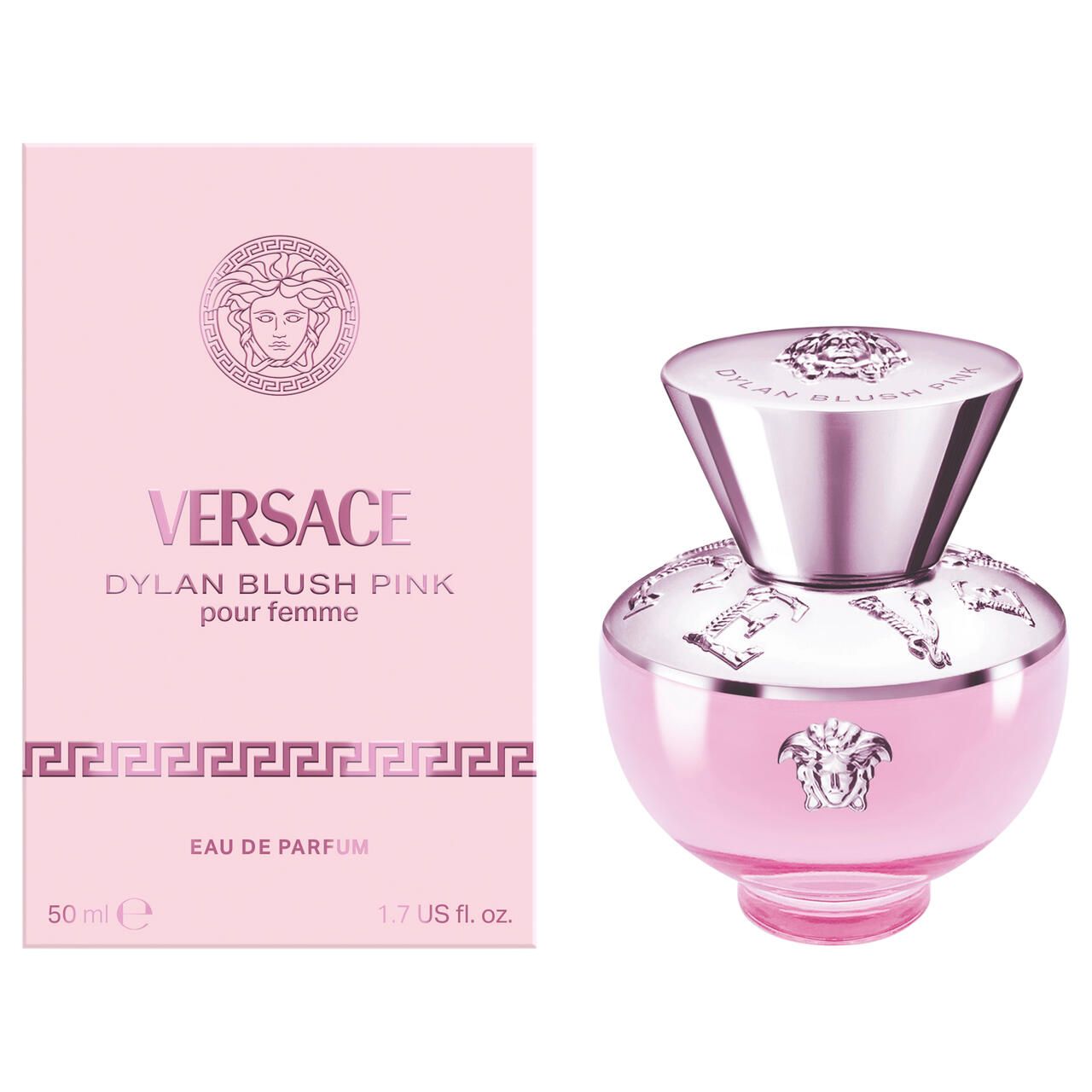 Rosa Versace Dylan Blush Pink Eau de Parfum Flakon und Verpackung. Flakon mit silbernem Deckel und Medusa-Logo. Verpackung mit Logo und Schriftzug.