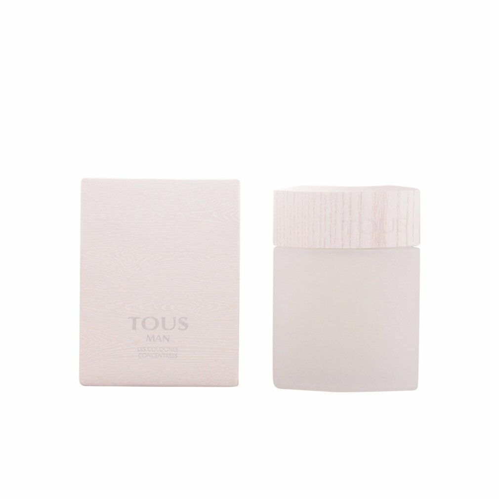 Flakon und Verpackung von Tous Man Les Colognes Concentrées. Weißes Glas, Holzdeckel, rechteckige Verpackung mit Logo.