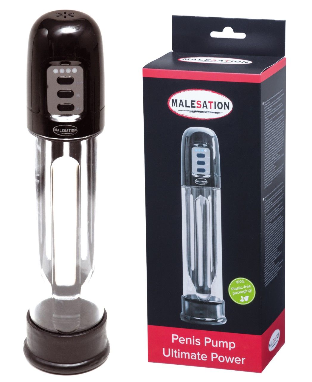 MALESATION Penis Pumpe und ihre Verpackung. Pumpe mit schwarzem Griff und transparentem Zylinder. Karton mit Produktabbildung.