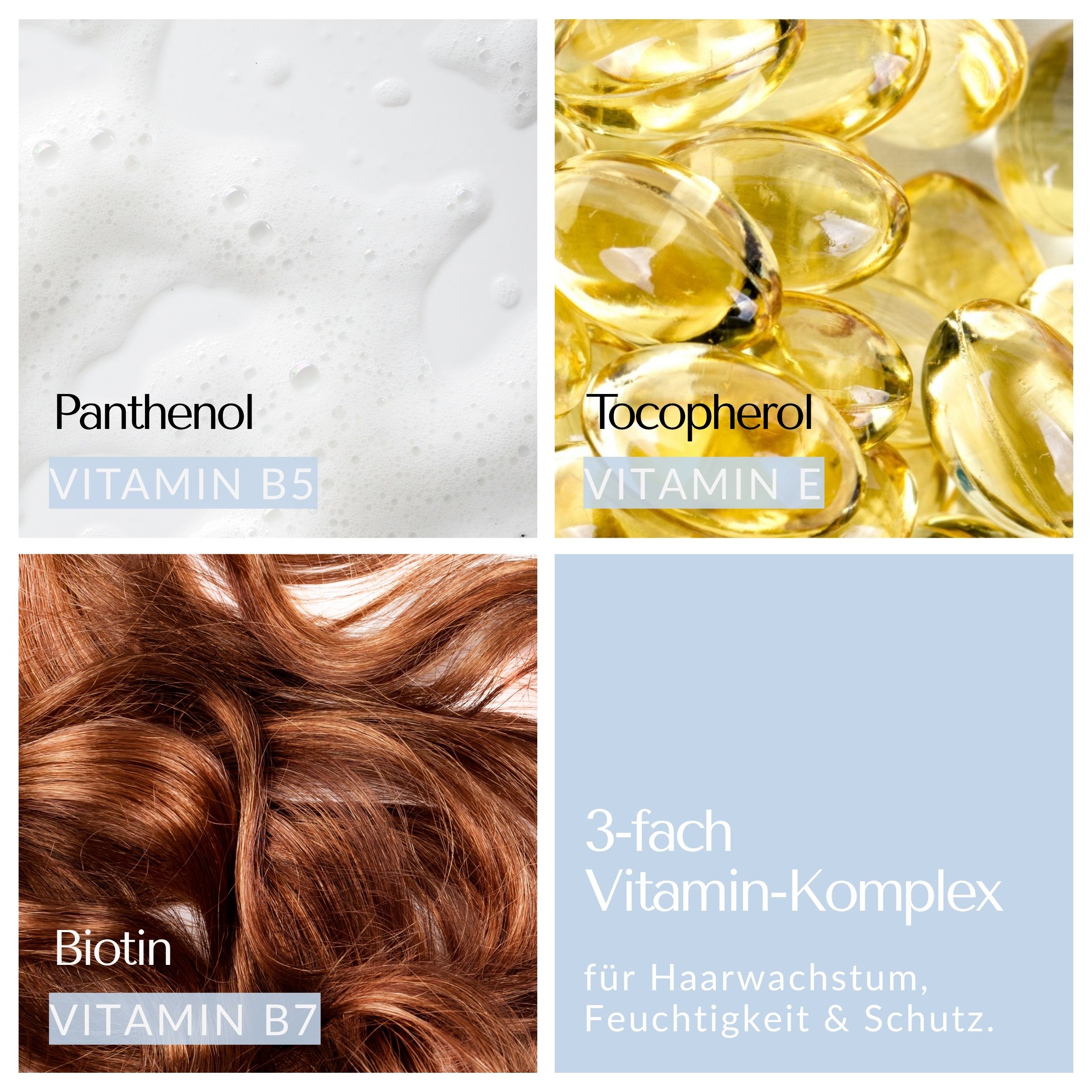 Vier Bilder: Panthenol, Tocopherol, Biotin. Beschriftungen mit Vitaminen.