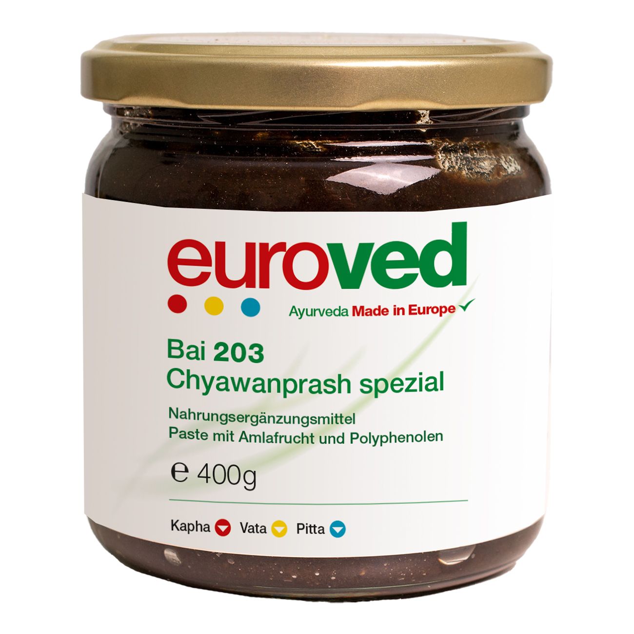 Glas Chyawanprash spezial mit Etikett. Produktname, Herstellerlogo, Inhaltsangaben und Gewicht.